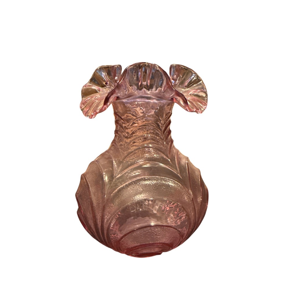 Fenton Art Glass Vase Vtg Small Pink Ruffled Rim Swirl Texture